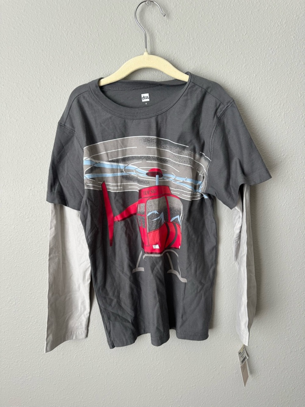 NWT!! Tea Collection size 8 Boys Helicopter Graphic Layered-Look Long Sleeve Tee